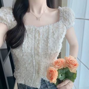 Pasqueline 3D applique cropped top TM 7492  atasan wanita model terbaru elegan crop top bunga3D