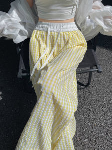 Summer Yellow Plaid Straight Leg Pants Womens Fashionable Drapey Narrow Ice Silk Wide Leg Trousers High Waist Long Polyester Fiber