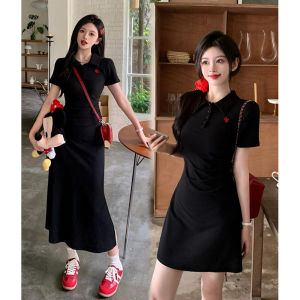 High Waist Slimming Black Long Dress for Plus Size Women Casual POLO Collar Summer Short Sleeve Work Clothing