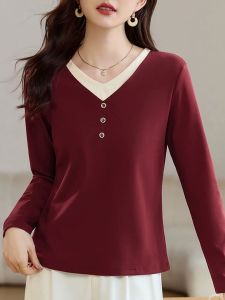 QIAOXIZI | V-Neck Loose-Fitting Long Sleeve T-Shirt for Plus Size Women