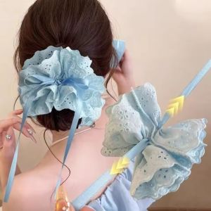 ยางรัดผมเชือกผูกปากถุงสไตล์ฝรั่งเศสแบบคู่สำหรับผู้หญิงหญิงสาวที่คาดผมทรงหางบันยางรัดผมหวานประดับโบว์ยางรัดผมยางยืด