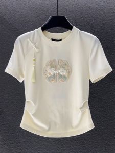 YUFUQING | New Chinese Style White Short Sleeve Womens T-shirt Slim Fit Short Design Summer Fashion Original Round Neck Pure Color Top