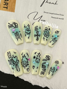 Blue Fun Doodle Cheek Blue Dopamine Childrens Handmade Wearable Nails 2023 New Mid-Length High-End Nail Art Design