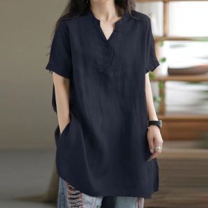 HUAXUNRAN | Cotton V-Neck Loose-Fitting Slimming Short Sleeve Shirt for Women