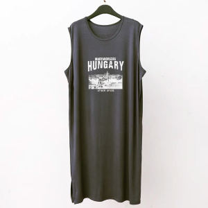 Retro Style Mens Sleepwear Cotton Loose plus Size round Neck Sleeveless Vest Gown Mid-Length One-Piece Robe Summer Comfortable