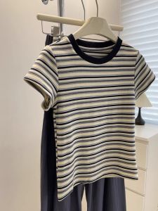 Áo Thun Cotton Cổ Tròn Tay Ngắn Mùa Hè Cho Nữ Áo Thun Ôm Vừa Vặn Thiết Kế Sọc Áo Thun Thường Ngày Chất Liệu Cotton 95%