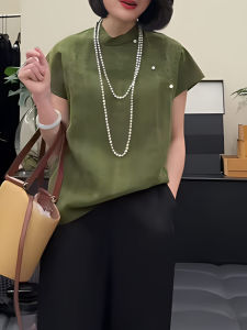 Chic Chinese Style Womens Short Sleeve Shirt Green Stand Collar Asymmetrical Hem Color Block Slimming Top for Autumn Season