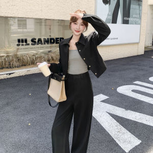 Black Commuter Style Womens Workwear Set Pants And Jacket Two-Piece Suite Autumn New Arrival Slimming Wide Leg Trousers