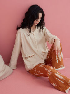 Elegant Sweet Chinese Style Cotton Long Sleeve Ladies Sleepwear Set
