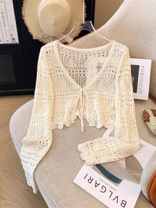 Hollow-out Hook Flower Linen Knitting Outer Wear Cardigan Summer Thin Lace up Long Sleeves Sunscreen Shawl Blouse Short Tops