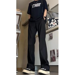 Mens Slim Fit Straight Leg Micro Flared Casual Pants Summer Thin Black High Quality Ice Silk Drapey Comfortable Breathable