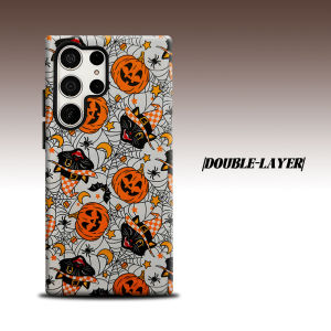 Retro Halloween Cat Pumpkin For Samsung Galaxy S26 S25 S24 A56 A36 Dual Layer Luxury Fashion Full Lens Protective Case