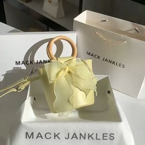 19Inch Fashion Big Bow Yellow Color Textured Leather Bucket Bag Women Wooden Hand-held Handbag Lady Purse Shoulder Messenger Bag