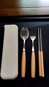 3pcs/Set Bamboo Spoon & Fork Chopsticks Set w/ Container Stainless Steel Spoons+fork