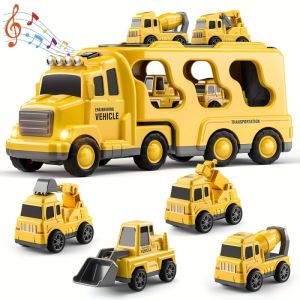 Construction Vehicle Toys 5-in-1 Set - Transport Truck with Excavator Bulldozer & Cement Mixer Durable Plastic Educational Gift for Boys Girls 3-7 Years