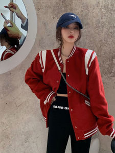 Womens Fall Winter Red Baseball Jacket Flannel Lined