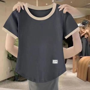 Summer New Style Womens Loose Cotton Short Sleeve T-shirt Color Block Design Belly Covering Slimming plus Size Korean Style