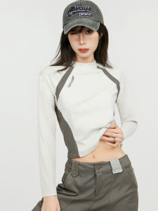 American Style Long Sleeve Grey T-Shirt Womens Spring Autumn Slim Fit Short Top Inner Wear round Neck Commute Korean Version