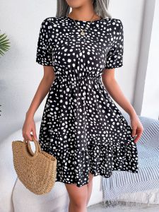 ชุดเดรสทรงเอเอวสูงลายจุด แขนสั้น คอตั้ง สไตล์สตรีท วัสดุโพลีเอสเตอร์ ชุดเดรสผู้หญิงฤดูร้อน ชุดเดรสยาวปานกลาง