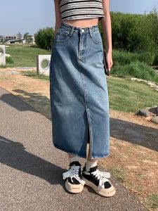 Plus Size Women korean Washed slit Midi Denim Skirt High Waist Long A-line fishtail office hot Skirt NEW 2024