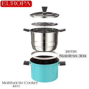 Europa Cookware Panci Set Serbaguna Enamel 4in1 MultiFungsi Europa Cooker Stainless 304 Goreng Kukus Tumis Saring Lengkap Tutup Kaca Ukuran 24 Cm Kapasitas 6 litter