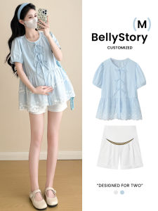 Summer Blue Cotton Maternity Shirt Loose Baby Doll Top Short Sleeve Belly Covering Comfortable Korean Style round Neck Pure Color