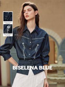 BEIQIANI | Floral Embroidery Womens Denim Shirt