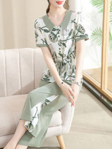 Young Mom Summer Fashion Short Sleeve Shuangge Set Middle-Aged Womens Loose Style Polo Collar Polyester Fiber Thin Model