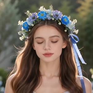Blue-purple synthetic flower wreath hairband fabric daisy green leaf net-silk flowing headpiece beach vacation photo shoot weddi