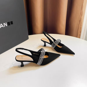 Elegant Diamond Embellished Pointed Toe Womens Fashion Shoes Low Heel Slip-On Mary Jane Style Leather Shoes Comfortable Rubber Sole