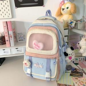 OUDENGPAI | Blue Dopaamine Layer Pain Backpack High Aesthetic Dual Shoulder Student Bag Sweet College Style Nylon Material Zipper Closure Large Size