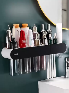 Ecoco Toothbrush Holder with Magnetic Cups 2/3/4 Cups Automatic Toothpaste Squeezer Dispenser Bathroom Shelf