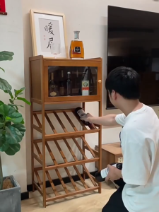 【On Hand】Red Wine Rack Organizer Bamboo Wine Cabinet Over 30+ With Acrylic Door Wood/Brown
