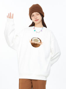 Retro Creative Coconut round Neck Sweatshirt Womens Chic Khaki Overhead No Cap Couple Tops Cotton Polyester Long Sleeve Korean Style