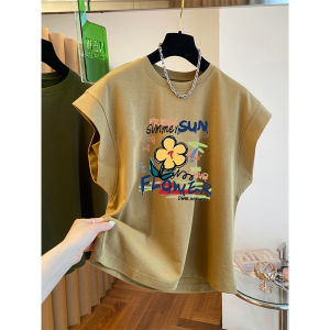 Khaki Sleeveless Cotton T-Shirt Women Summer New American Anti-Aging Design Print Pure Shoulder Top Korean Style Loose Fit