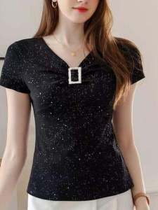 New 2024 Womens Bright Thread Large Size Summer T-Shirt V-Neck Short Sleeve Slimming Top Versatile Fashionable Fake Collar