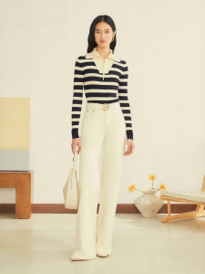 French Blue and White Striped Wool and Cashmere Blend Contrast Collar Knitted Sweater