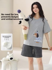miiow | Pure Cotton Summer Lightweight Short Sleeve Sleepwear Set For Women Casual Home Clothes Short Pants With Chest Pad Catman