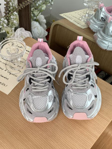 Silver Sport Shoes Womens Casual Running Shoes Increased Thick Bottom Dad Shoes Mesh Upper Versatile Comfortable Fashionable
