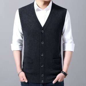 ROMON | Lormen Mens Knitted Wool Sweater Vest Autumn Winter New Style Dad Clothes Open Cardigan Sleeveless Shoulder Pad Vest