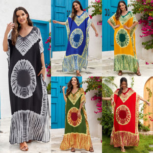 V-neck Bikini Cover Up Retro Printing Oversize Maxi Dress Split Warp Beach Tunic Kaftan Bohemian Bathing Suit