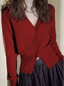 Red Knitted Cardigan Womens Long Sleeve Base Layer Sweater Spring New Style Soft Cozy V-neck Button-up Korean Version 2025