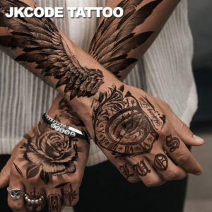 Waterproof Arm Tattoo Man - Street Graffiti Tattoo 4-Piece Set - Large Size Wings Tattoo - Back of Hand Crown Clock Rose Tattoo - Cool Style Tattoo Hand Finger Casual Cool Mens Hand Neck Head Tattoo Long-Lasting Waterproof 3-5 Days