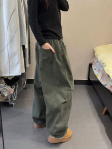 Army Green Retro Folded Work Pants For Men Spring Wide Leg