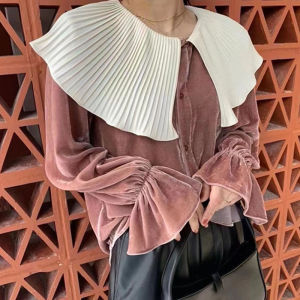 Elegant Velvet Shirt Womens Fashionable Big Collar Autumn Winter Street Style Long Sleeve Pure Color Button up Top