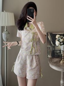 SUYE | Short Sleeve Floral Elegant Slim Fit Vintage French Chinese Style Two-Piece Pants Set