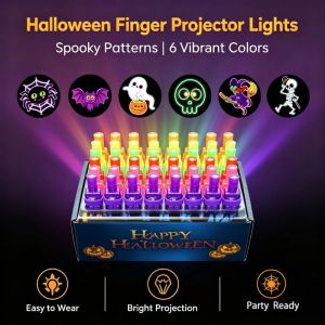 Aitemay 36pcs Halloween LED Finger Lights Projector Ring Glow In Dark Party Favors Pumpkin Ghost Spider Witch Pattern Flashing Toy For Kids Trick Or Treat Goodie Bag Stuffers Prizes