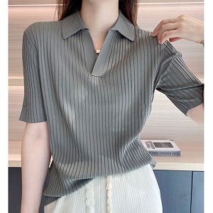 ผู้หญิง ลำลอง Ice ผ้าไหม ถัก เสื้อท่อนบน แขนสั้น ลายทาง ลาย พรางหุ่น เสื้อโอเวอร์เฮดชั้นฐาน ฤดูร้อน แฟชั่น