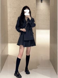 Elegant Loose French Pleated Two-Piece Set plus Size Spring 2025 Korean Style Commute Polyester Fiber Long Sleeve Midi Dress