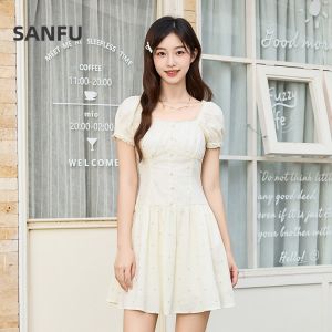 SANFU | Summer Lace Floral Border Stitched Puff Sleeve Small Size Dress